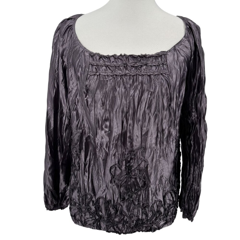 Max Studio Womens Petite Blouse XSP Crinkle Texture Purple Long Sleeve Polyester